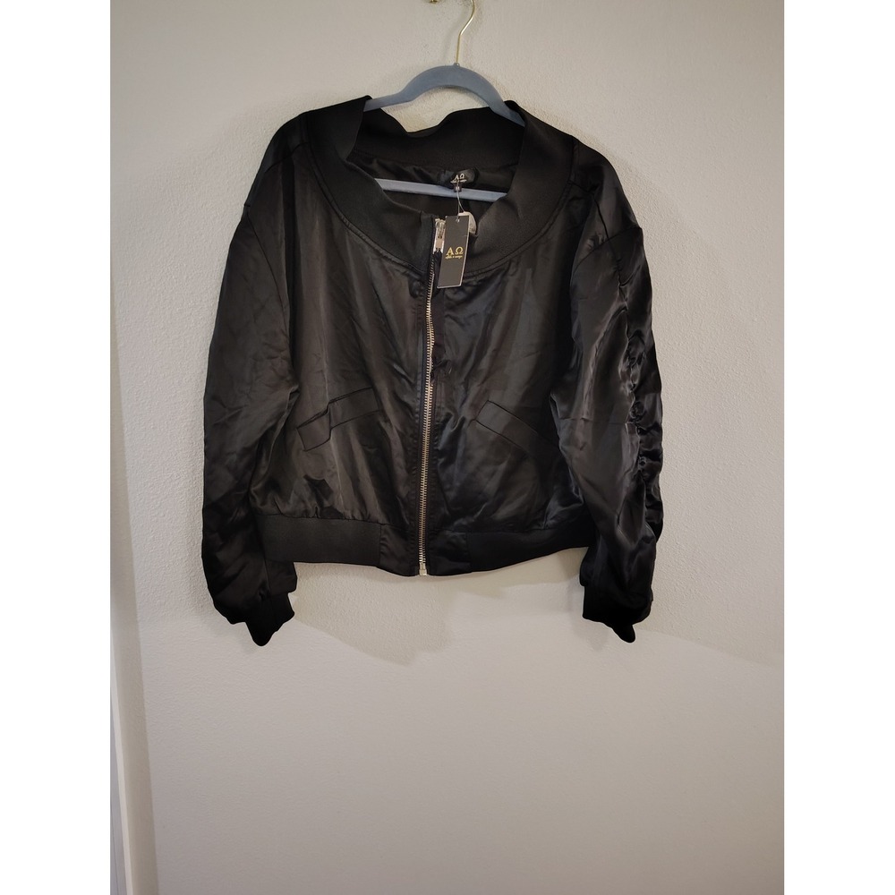 Alpha & Omega Black Satin Bomber Jacket Wide Collar Ruched Sleeve NWT Medium